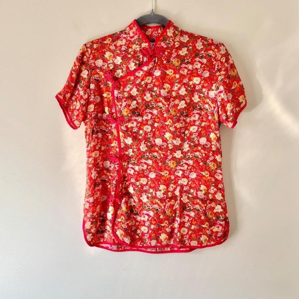 Y2K‎ Qipao Red Silk Floral Blouse Cheongsam Frog Clasp Asymmetrical